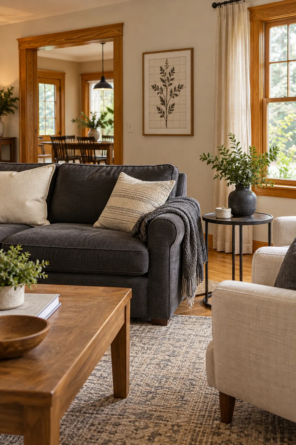 Honey oak living room styled with soft charcoal accents