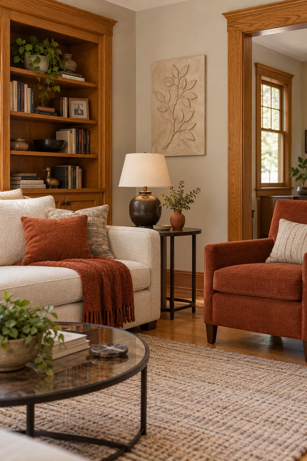 Honey oak living room styled with rust accents