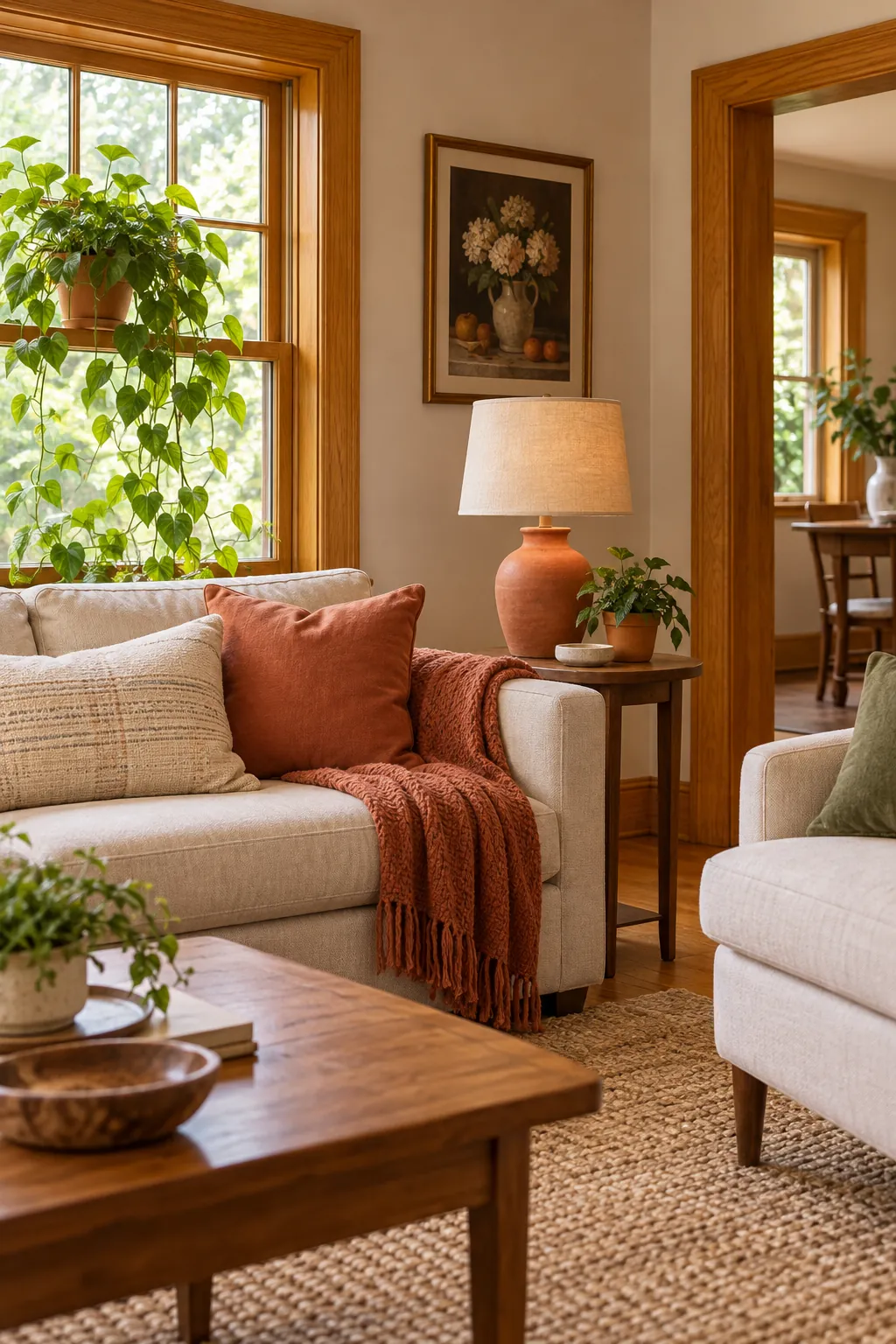 Honey oak living room styled with terracotta accents