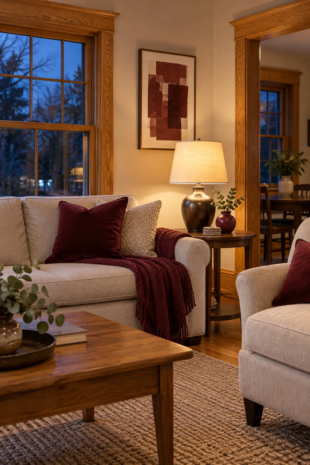 Honey oak living room styled with burgundy accents