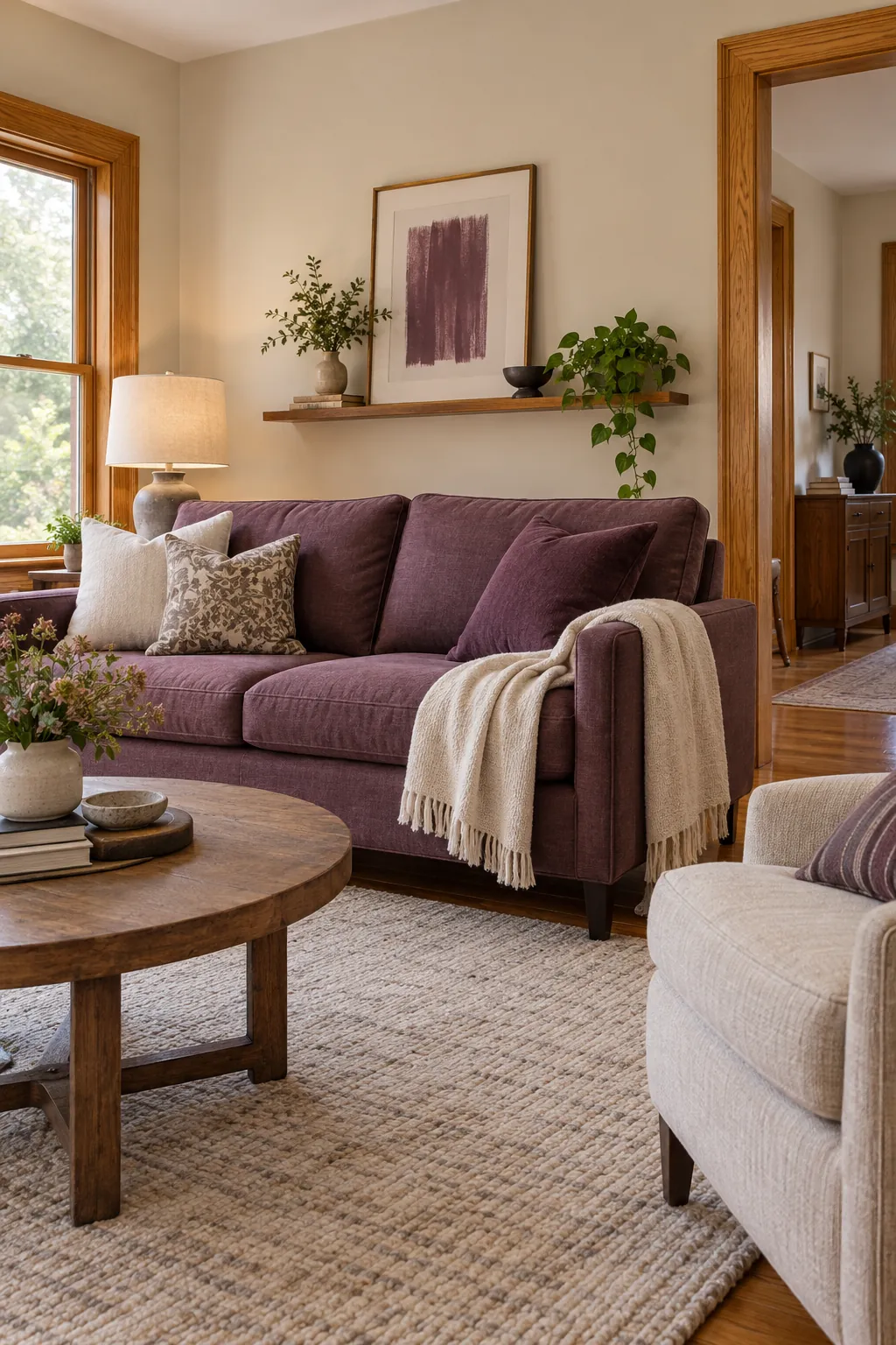 Honey oak living room styled with muted plum accents