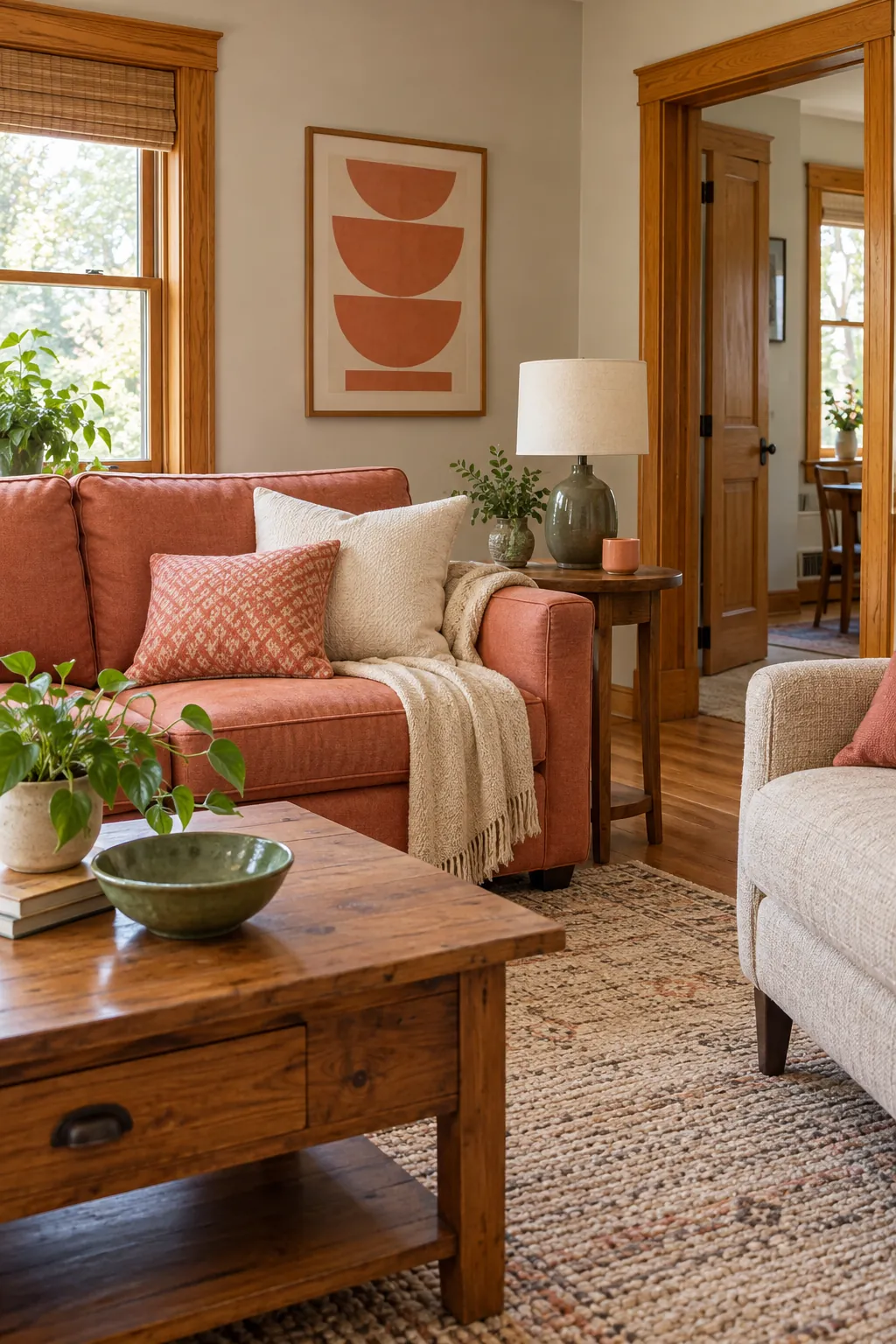 Honey oak living room styled with muted coral accents
