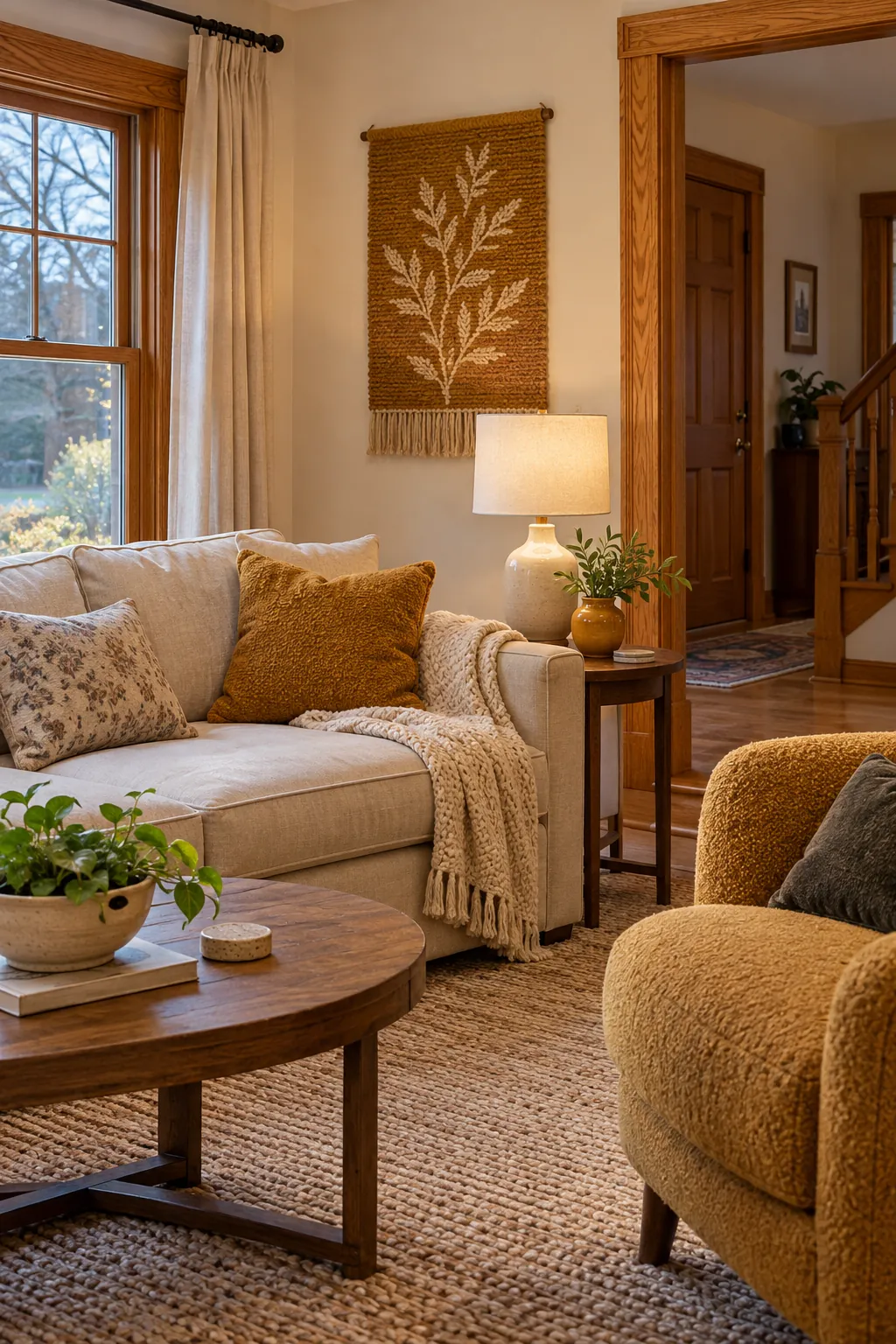 Honey oak living room styled with ochre mustard accents
