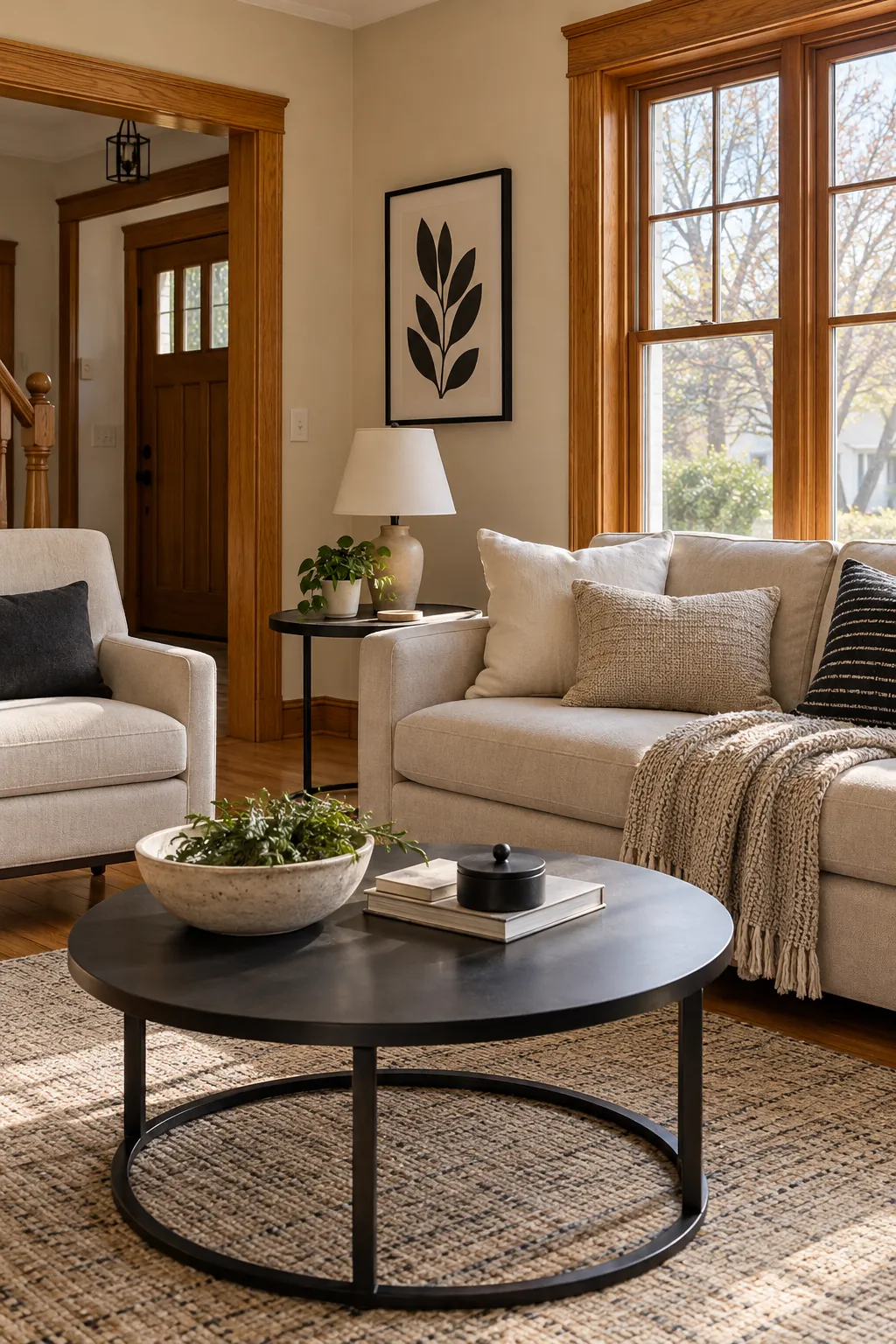 Honey oak living room styled with matte black accents