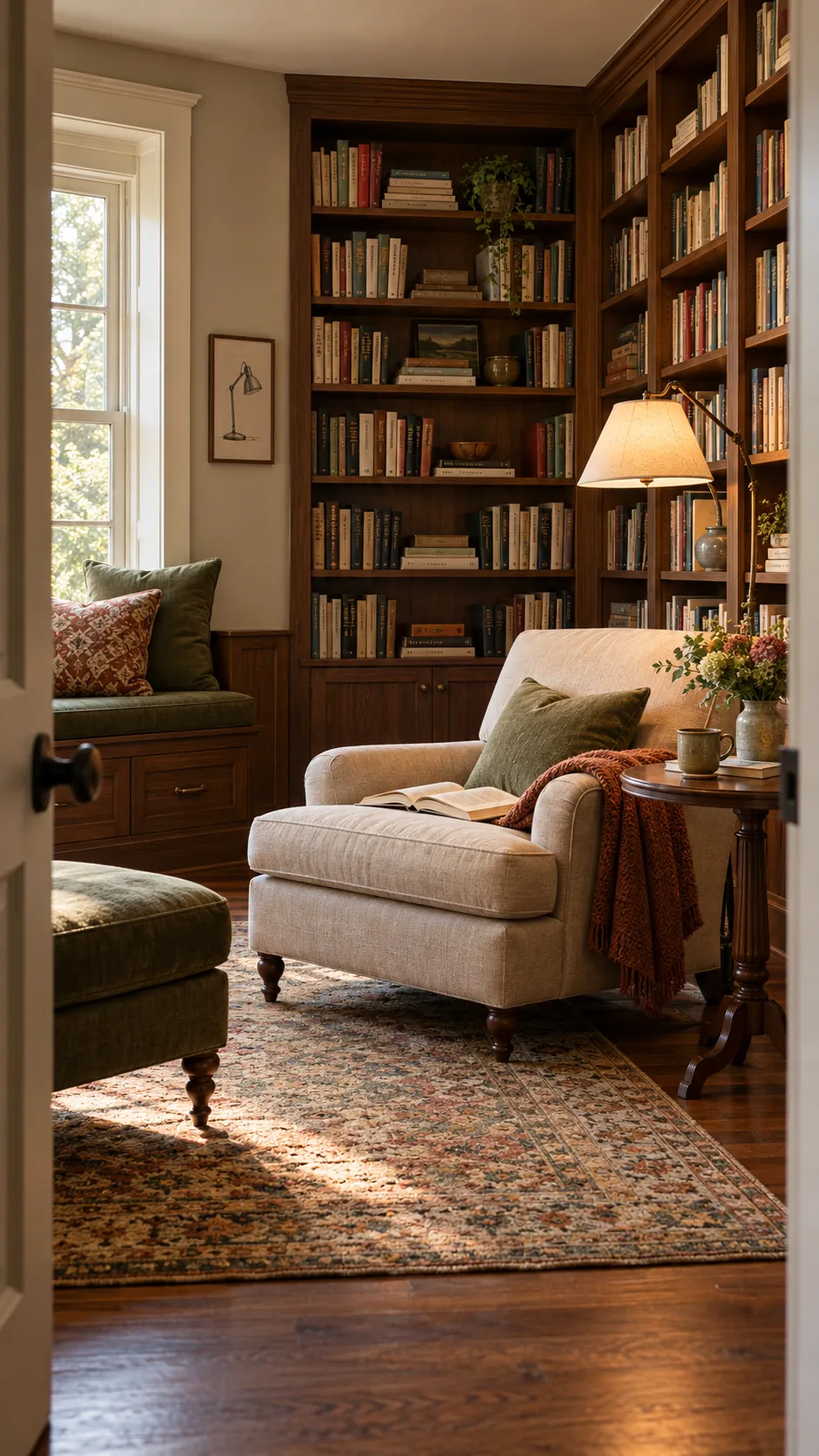 Inviting home library with comfortable seating and warm layered light
