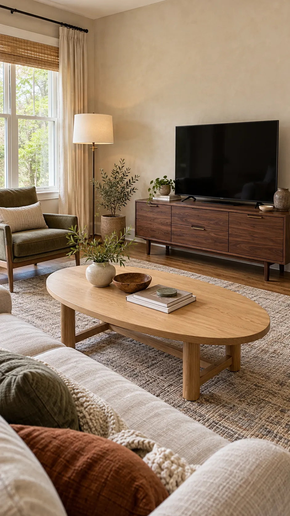 Mixed wood living room showing compare undertones before color depth