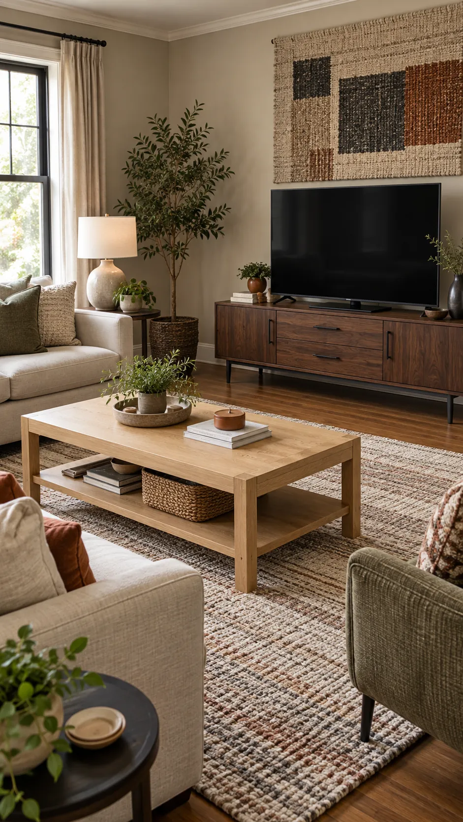 Pale oak coffee table coordinated with a dark walnut television stand