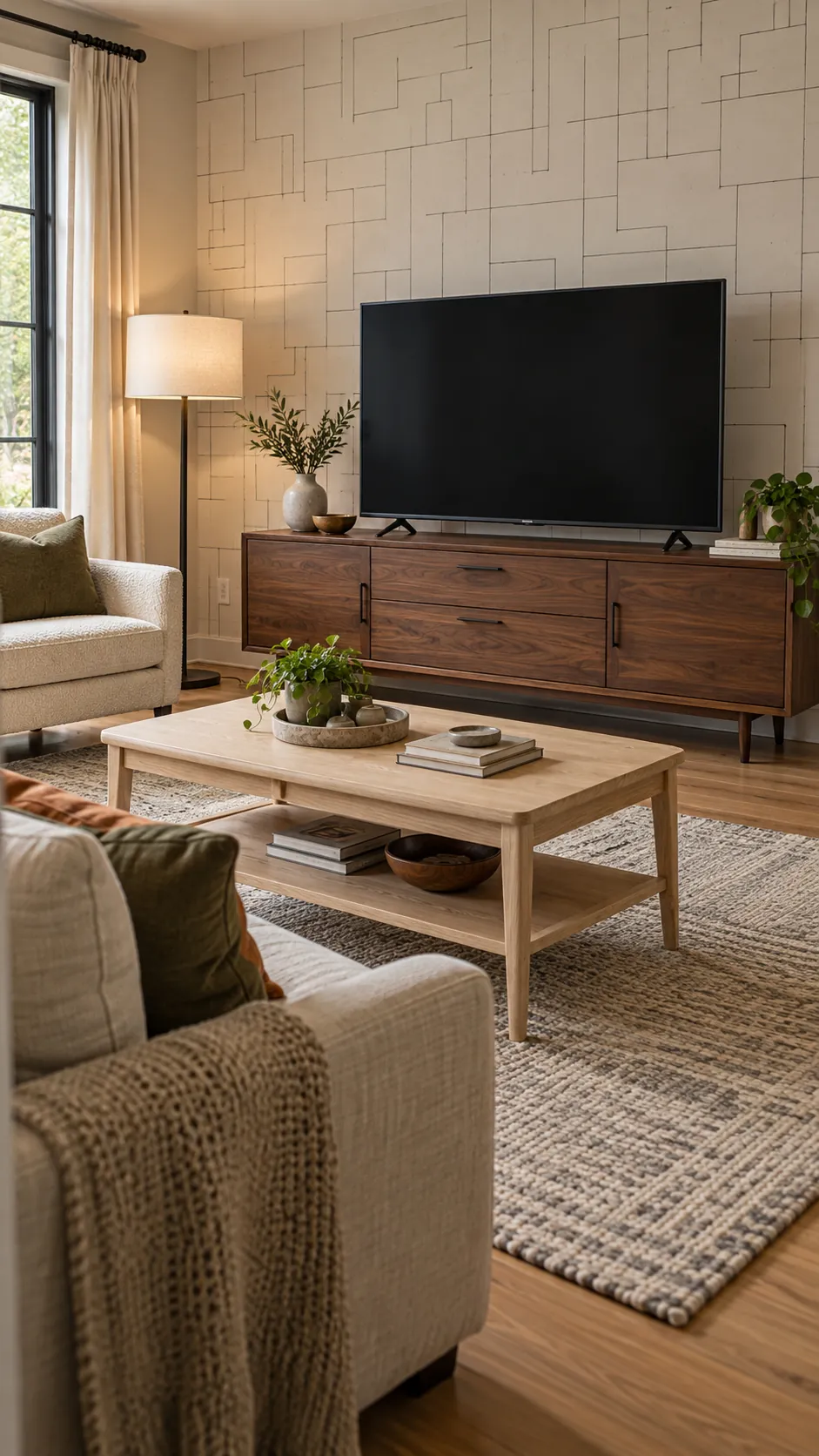 Mixed wood living room showing let one wood tone lead