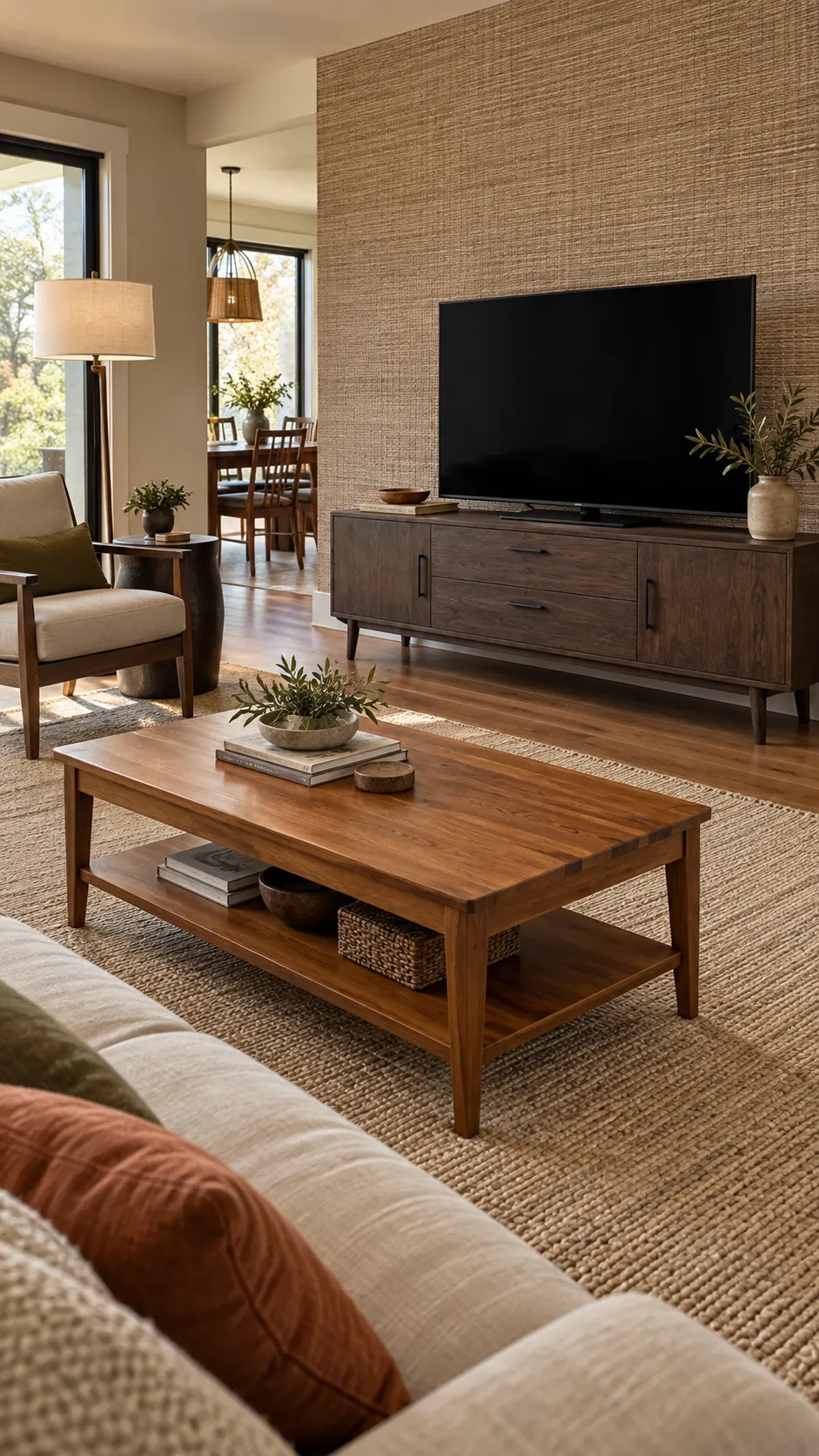 Mixed wood living room showing repeat both finishes across the room