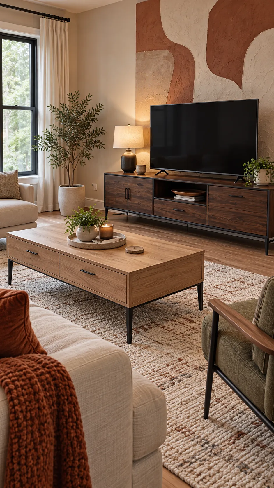Mixed wood living room showing match the design language, not the stain