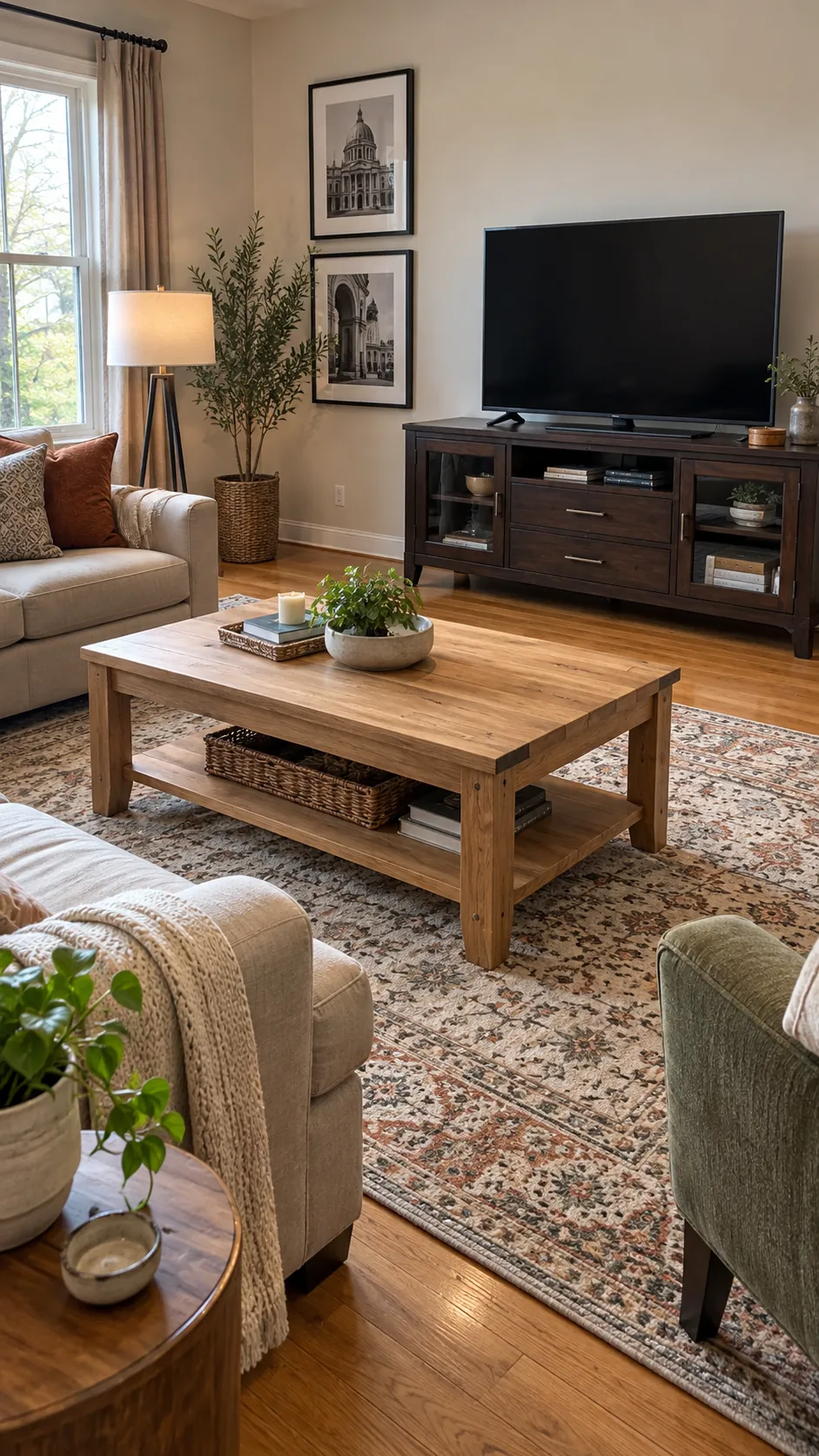Mixed wood living room showing use a rug and textiles as a bridge