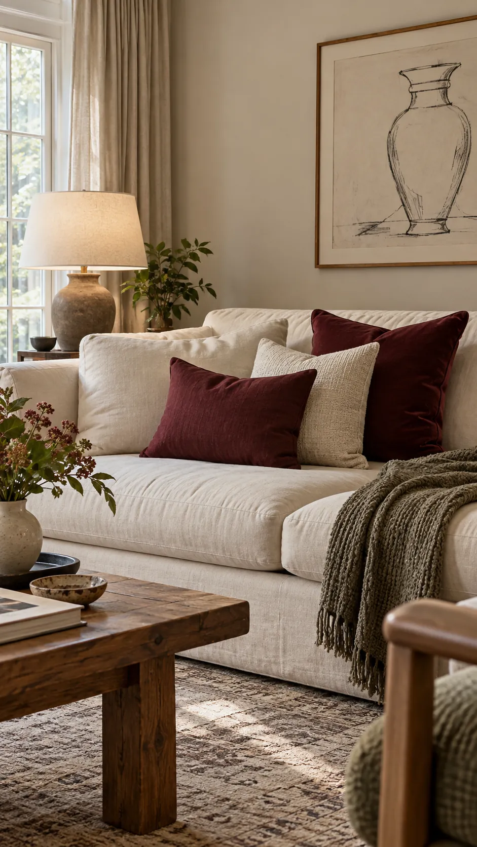Neutral living room styled with layer two burgundy pillows