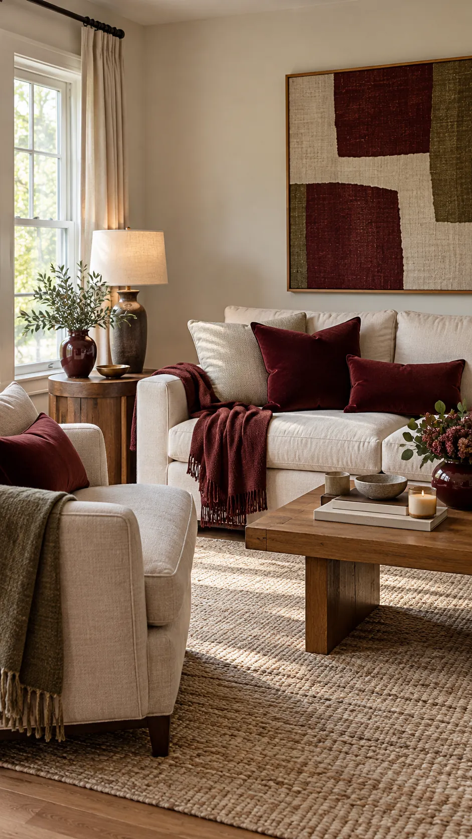 Neutral living room refreshed with balanced burgundy accents