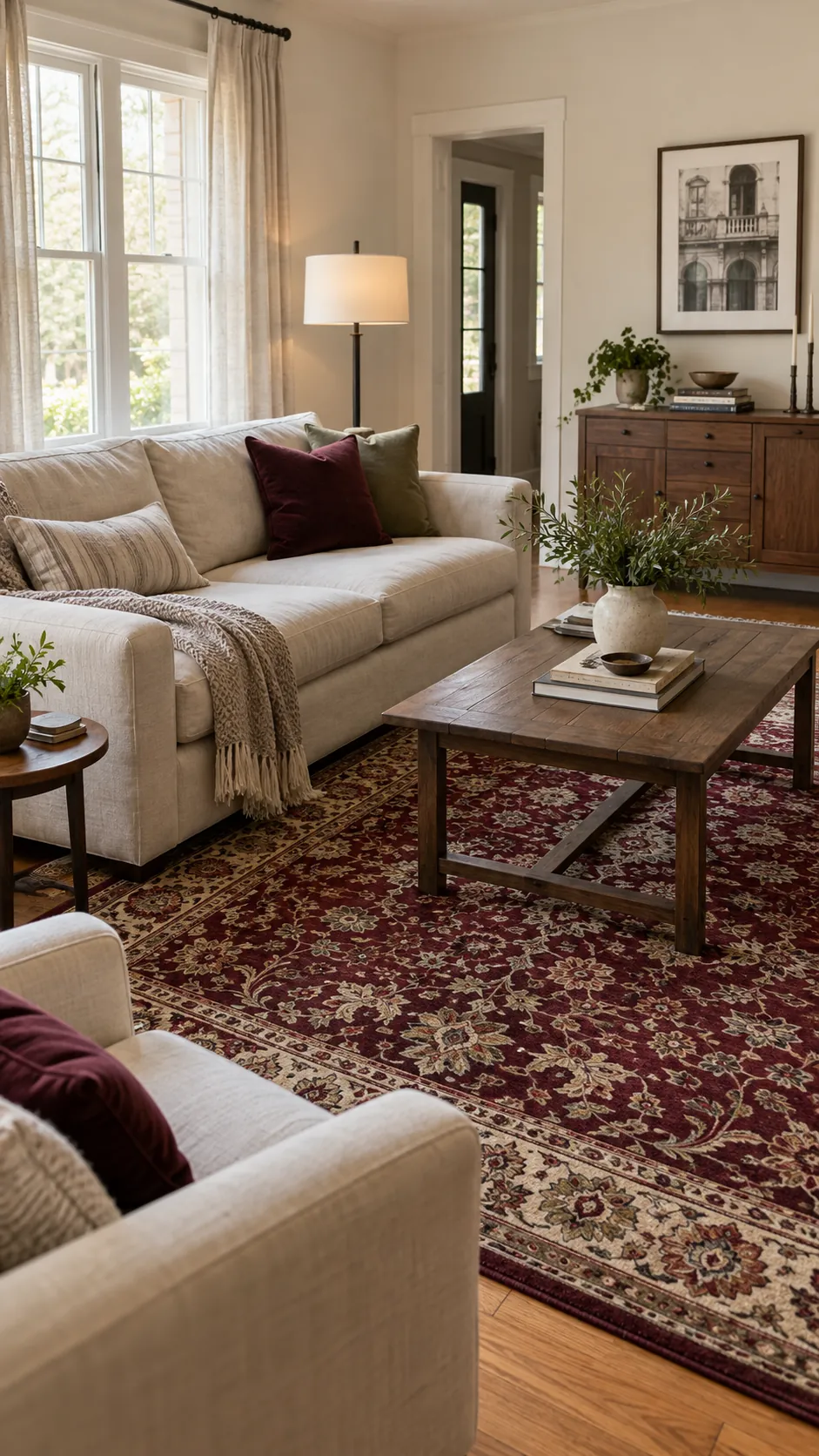 Neutral living room styled with choose a rug with burgundy details