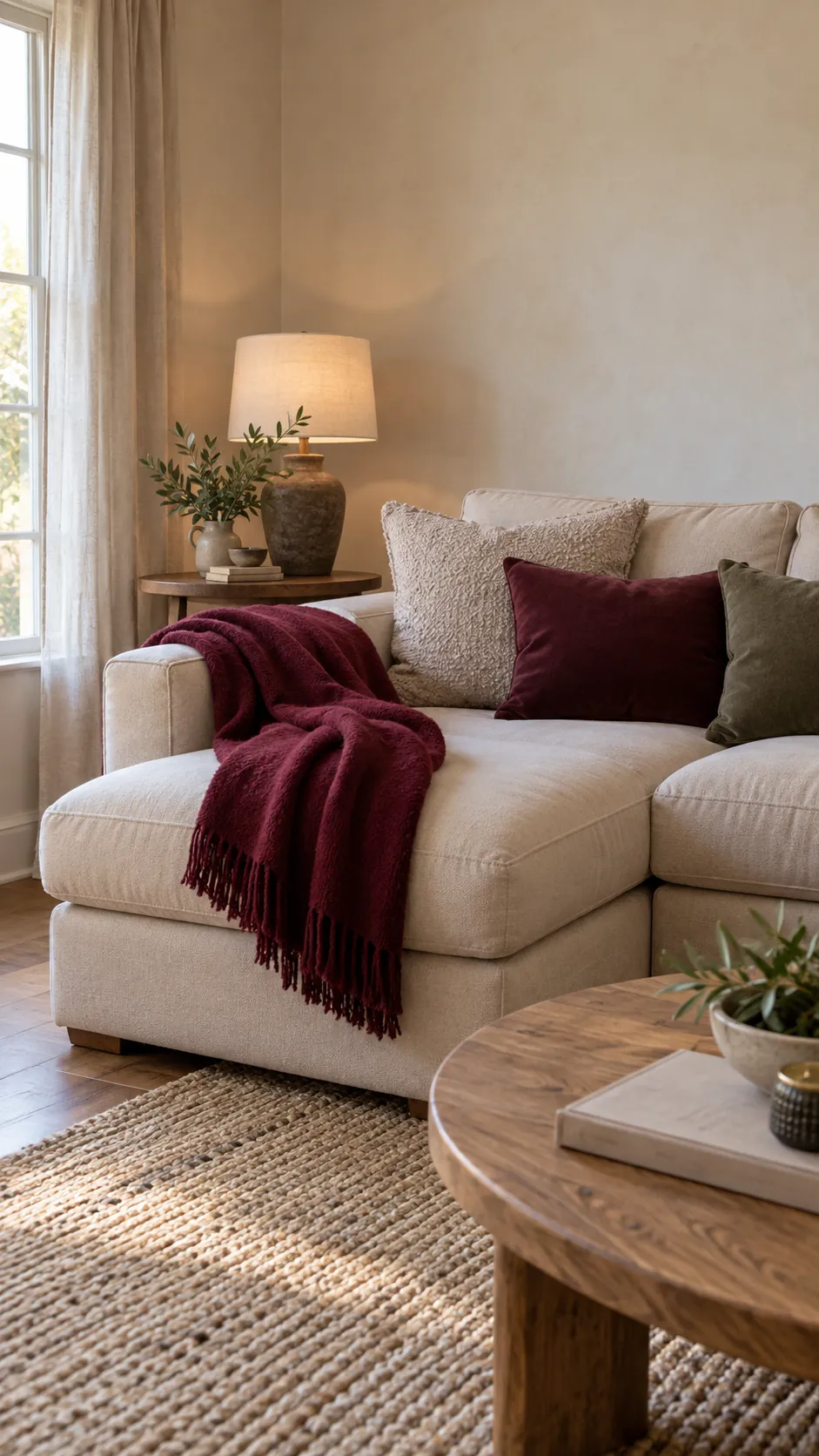 Neutral living room styled with fold a burgundy throw across one corner