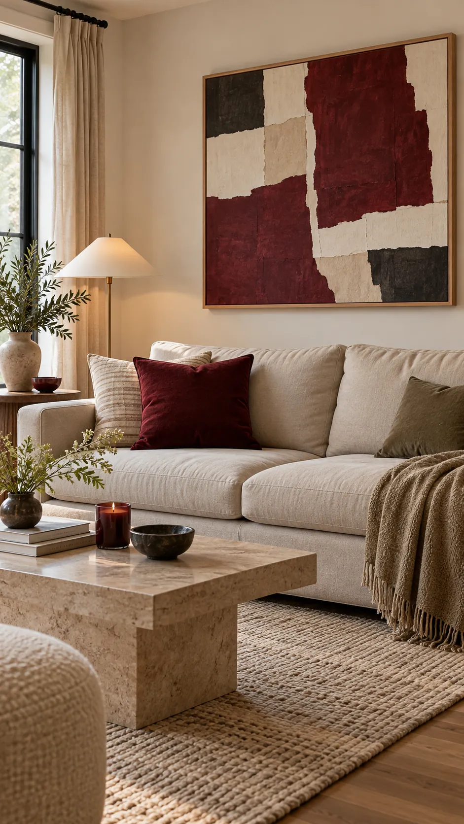 Neutral living room styled with add burgundy through modern art