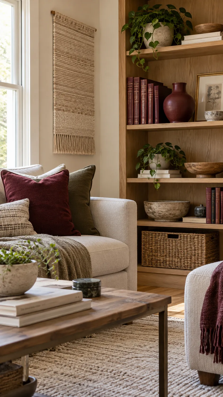 Neutral living room styled with group burgundy books and ceramics