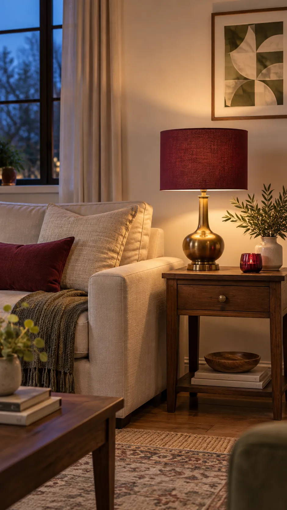 Neutral living room styled with switch to a burgundy lamp shade