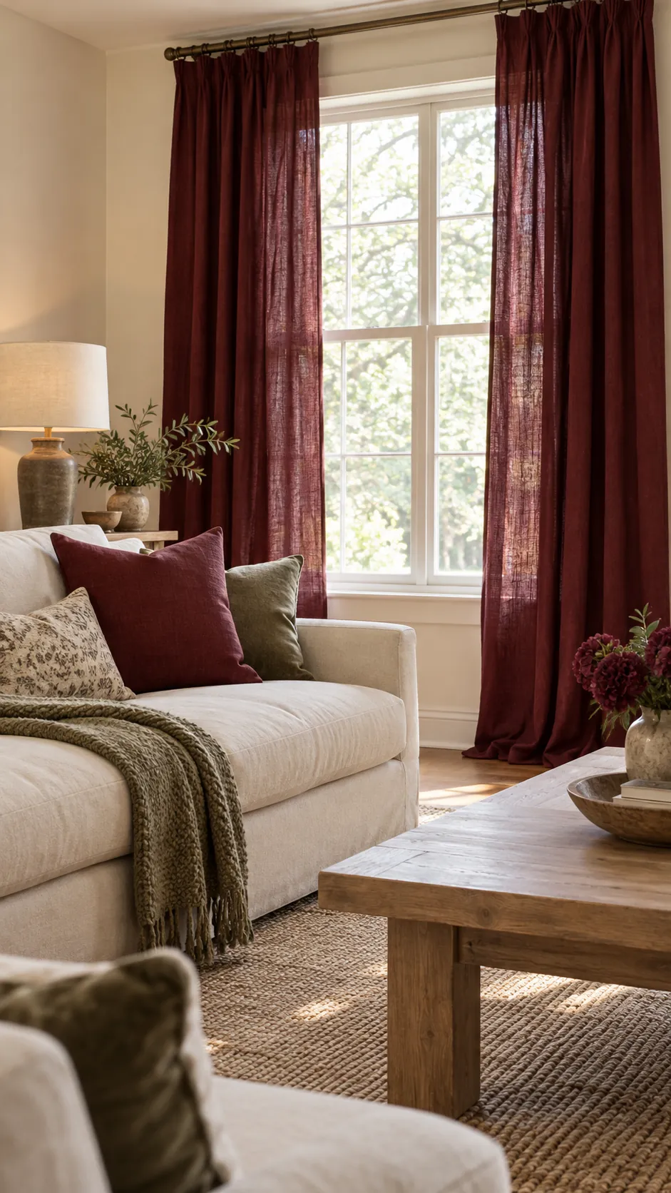 Neutral living room styled with frame the window with burgundy linen