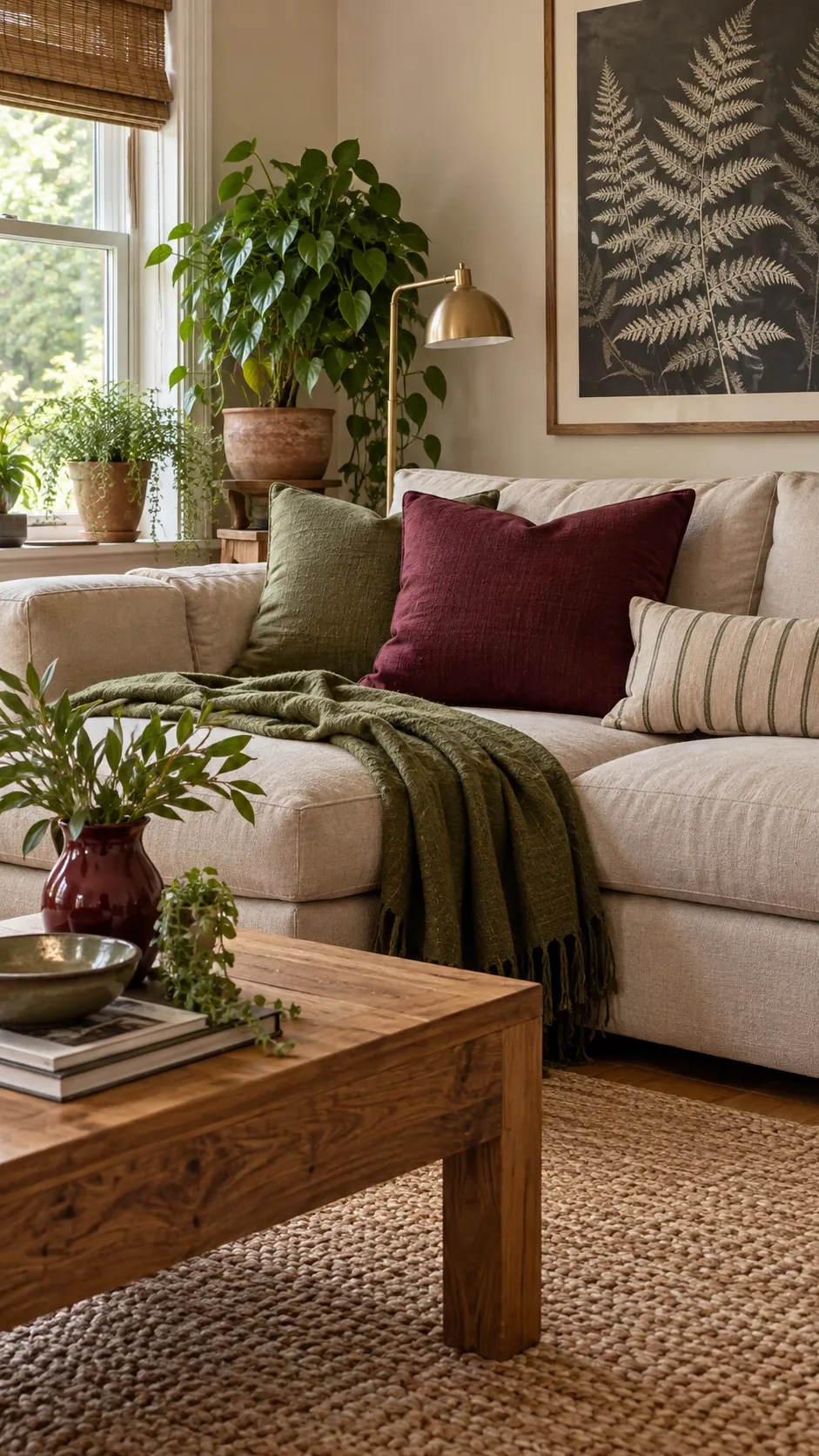 Neutral living room styled with pair burgundy with muted olive