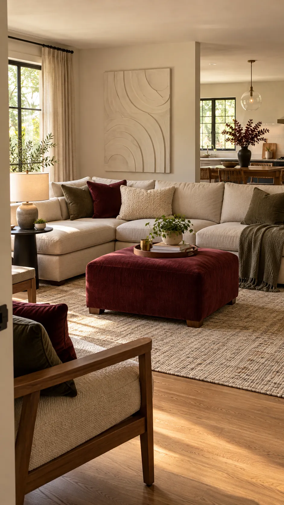 Neutral living room styled with anchor the room with one burgundy ottoman