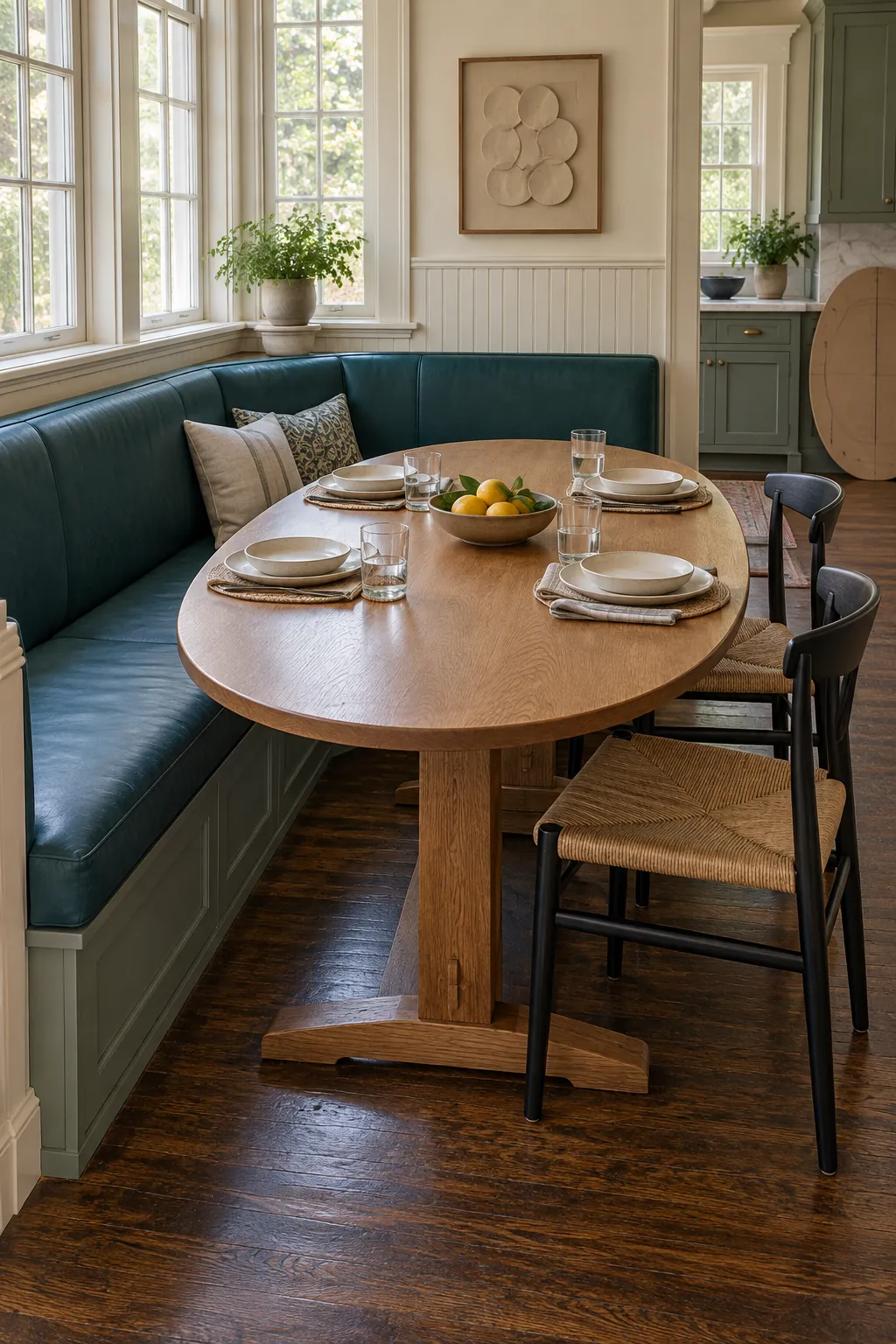 Oval table matched to corner banquette seating in a compact kitchen