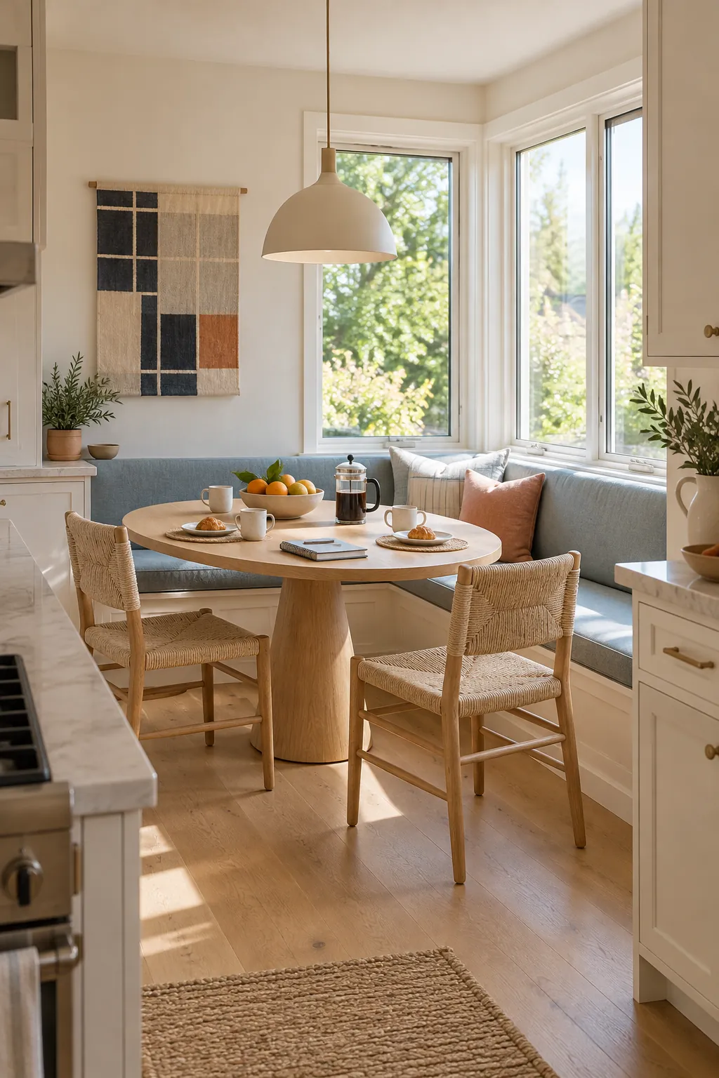 Bright breakfast nook with an oval table and comfortable window banquette