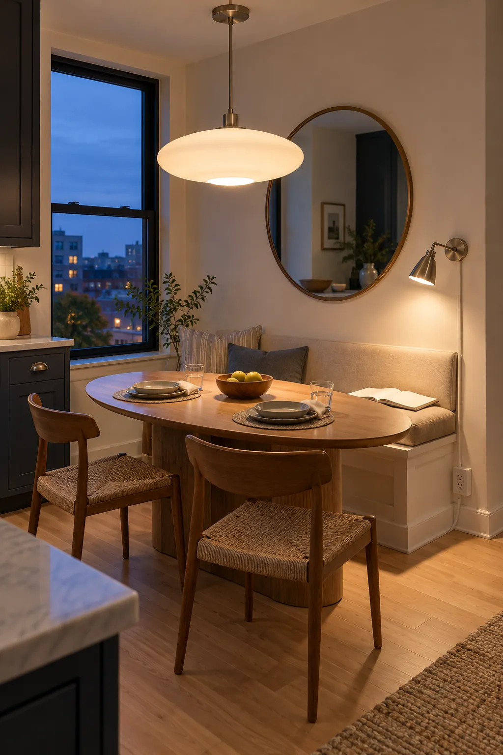 Breakfast nook with a centered pendant and soft supporting wall light