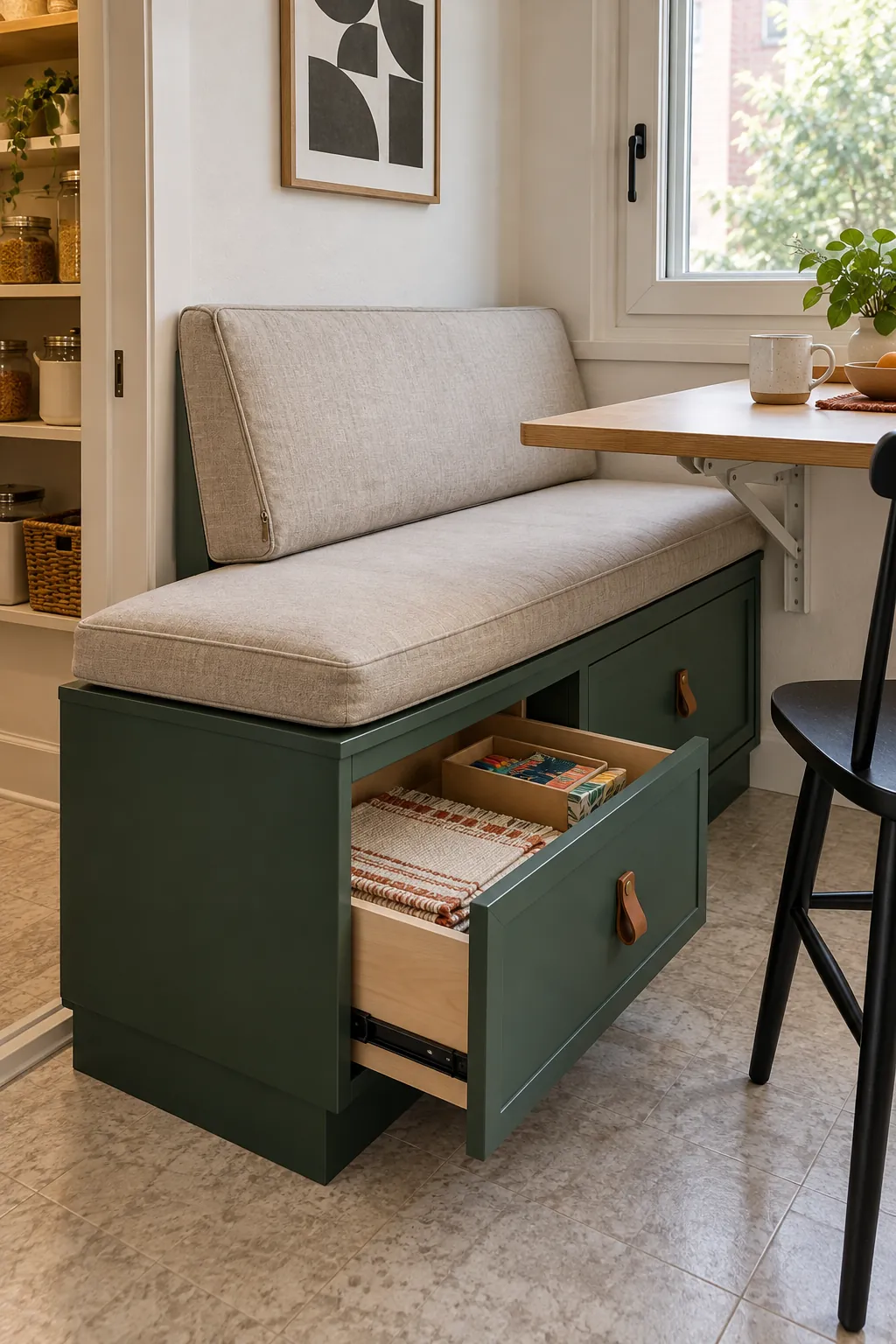 Comfortable breakfast nook bench with washable cushions and front storage drawers