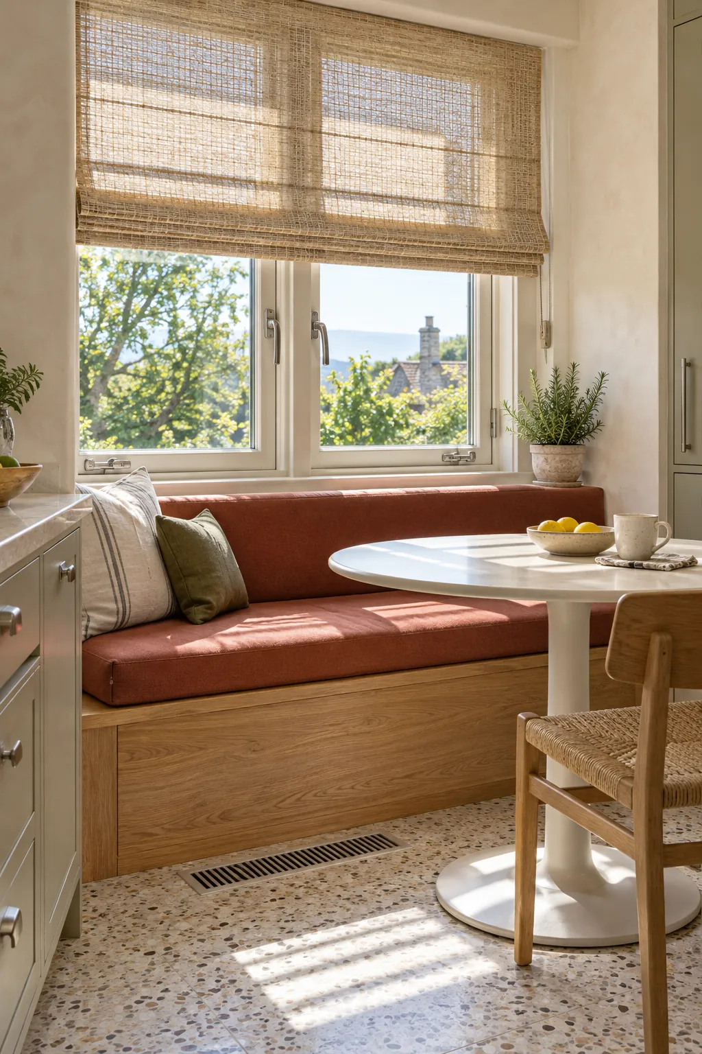Cozy window seat with clear window handles and a light filtering shade