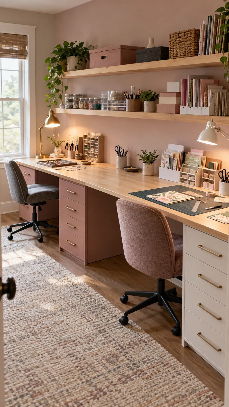 Share a Long Counter With Separate Drawers in a shared hobby room for two