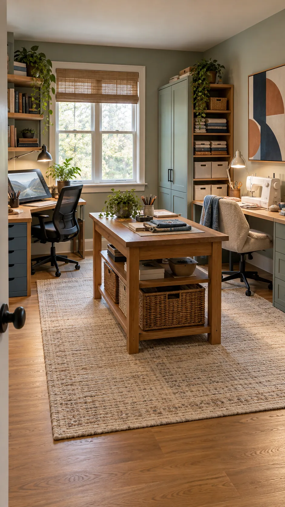 Shared hobby room for a couple with distinct creative work zones