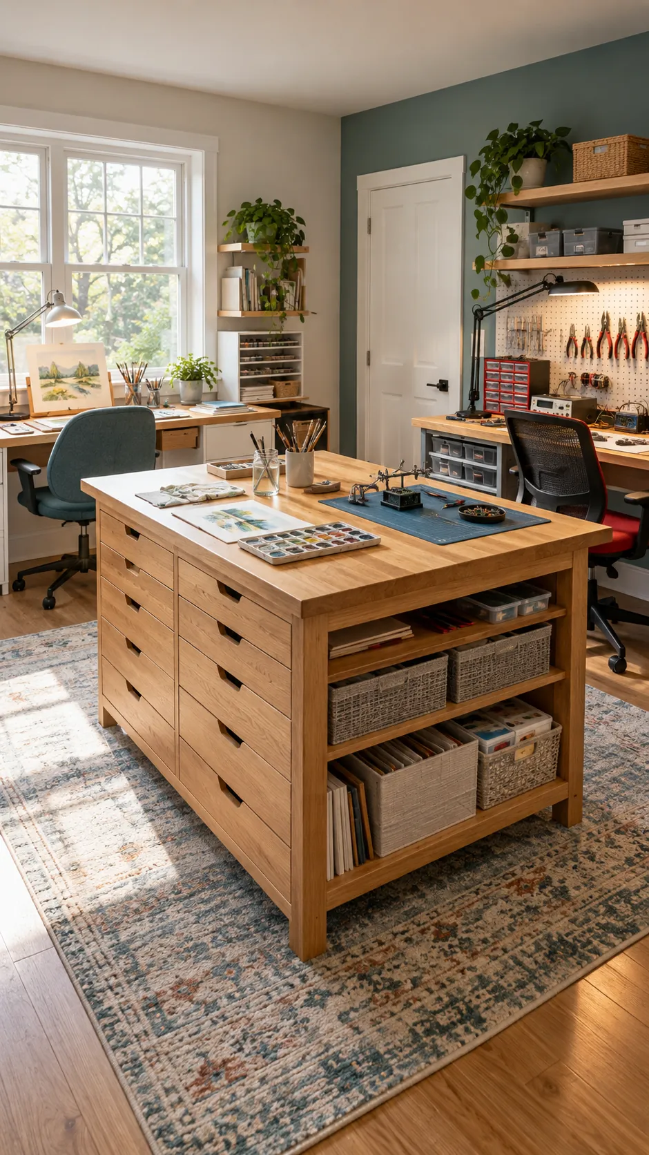 Use One Island for Temporary Overflow in a shared hobby room for two