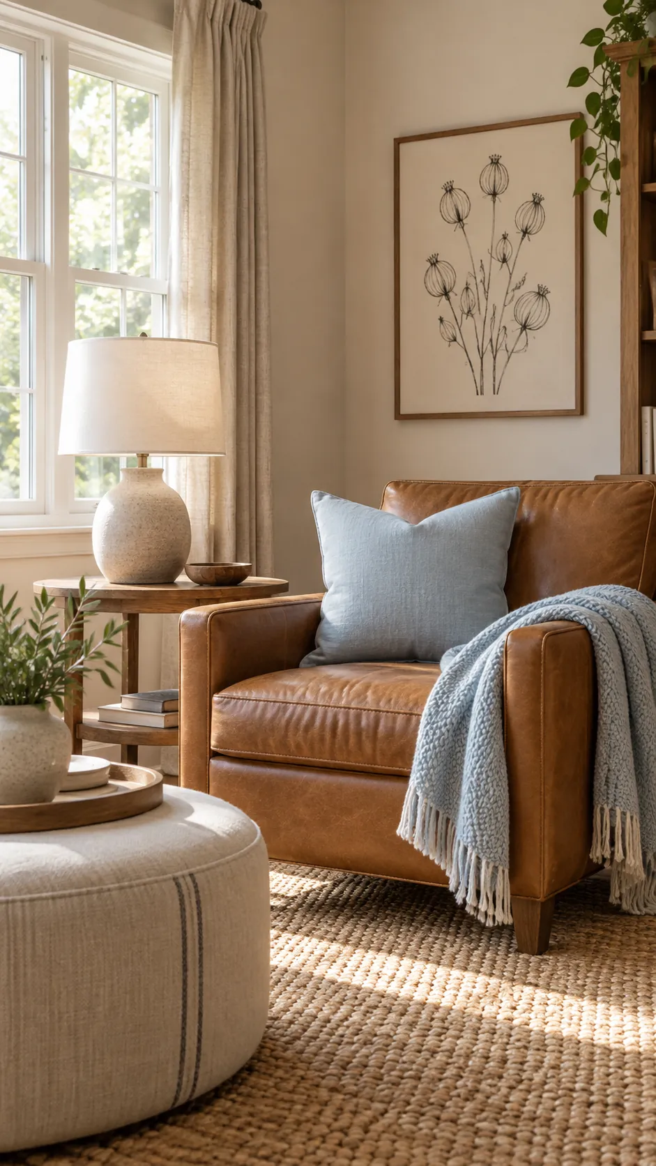 Warm living room combining icy blue with camel leather