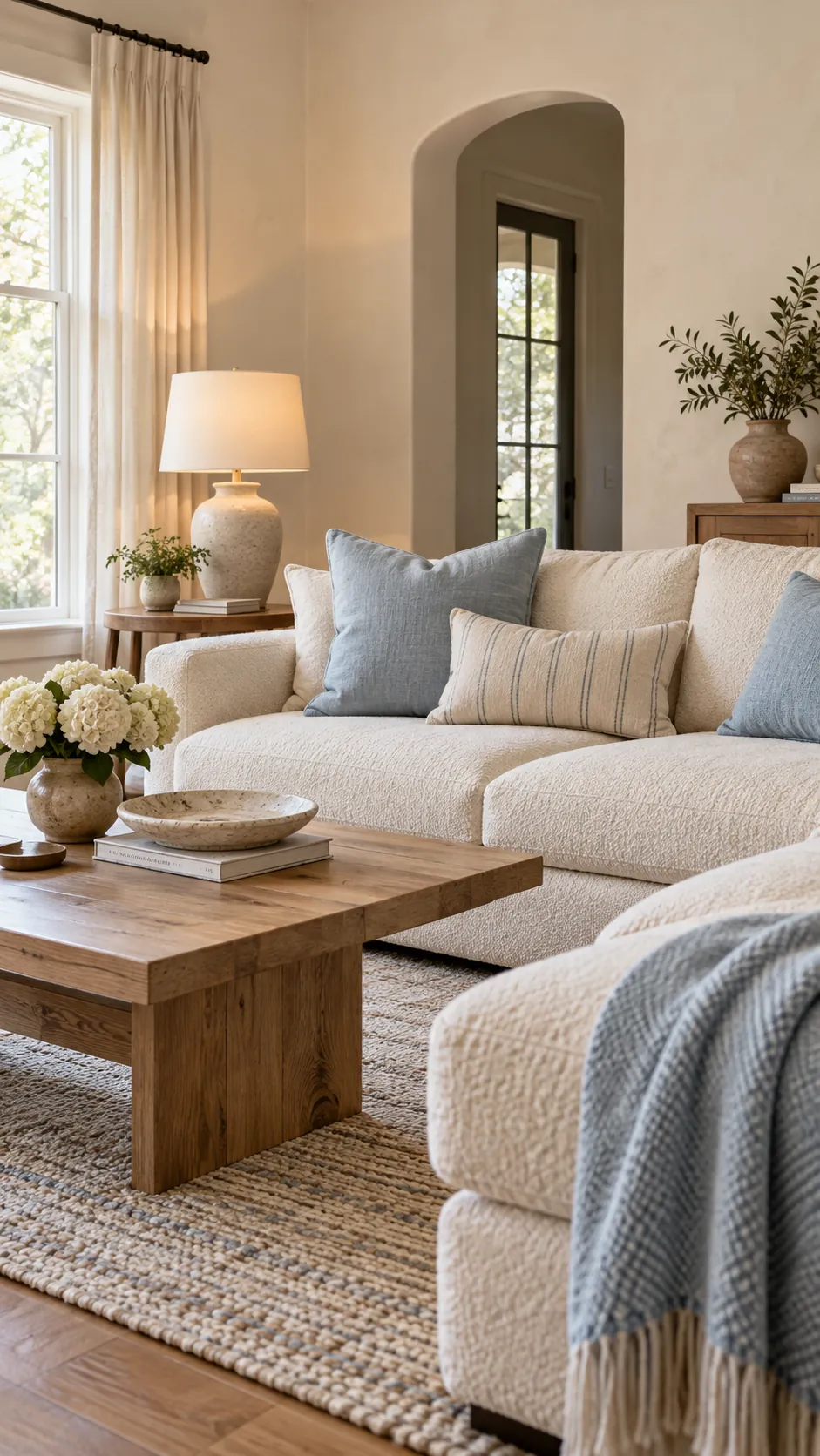 Warm living room combining icy blue with cream boucle