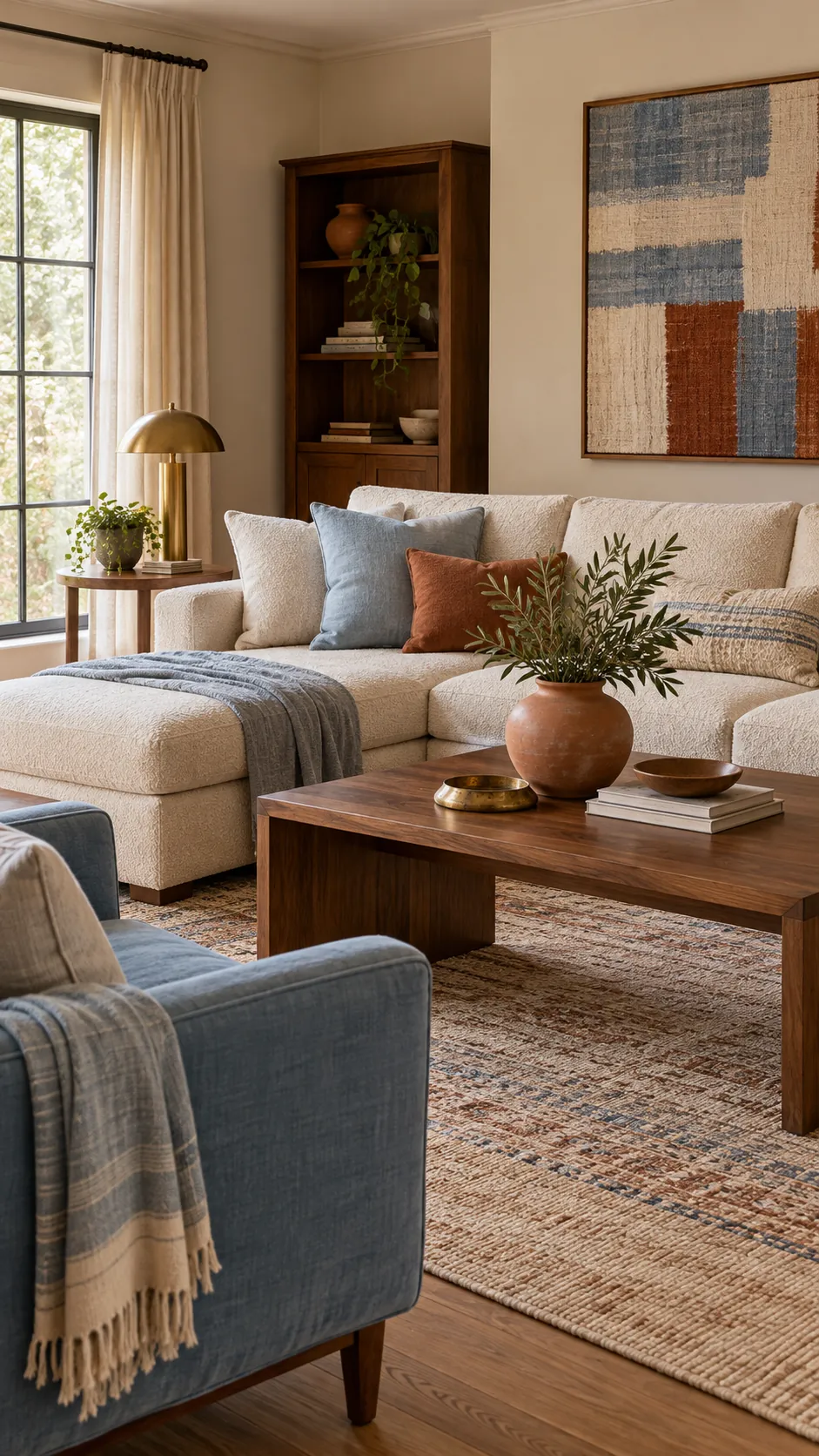 Icy blue living room warmed by cream walnut terracotta and brass