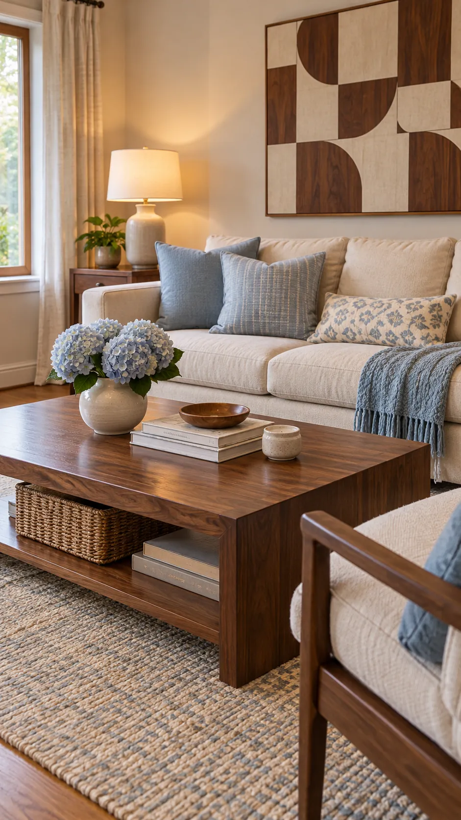 Warm living room combining icy blue with walnut wood