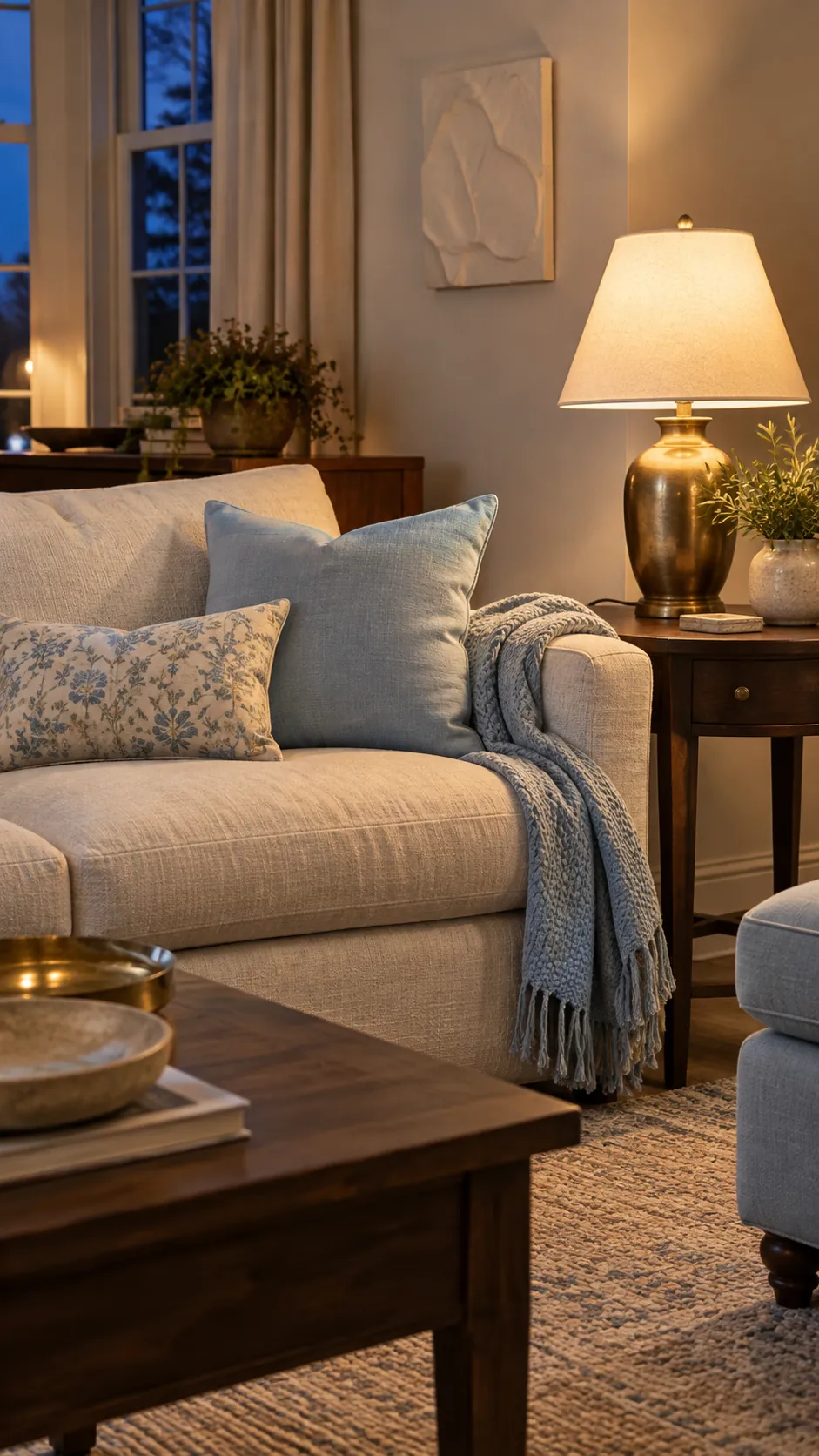 Warm living room combining icy blue with aged brass
