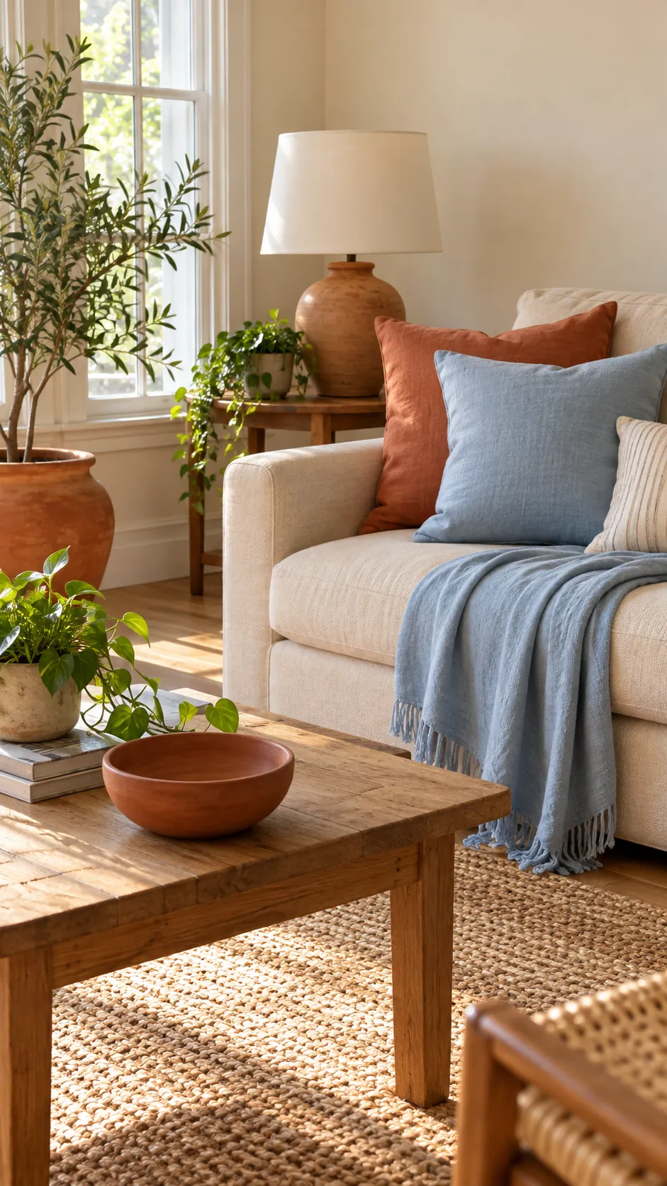 Warm living room combining icy blue with terracotta