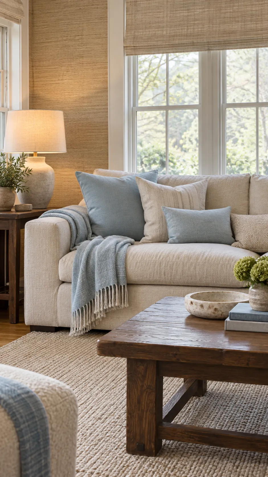 Warm living room combining icy blue with oatmeal linen