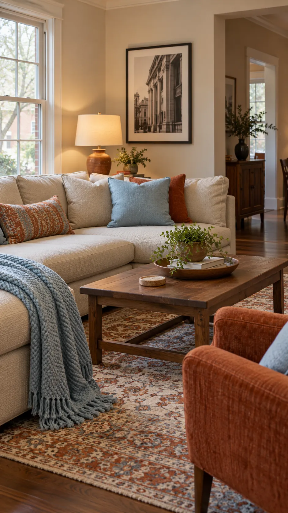 Warm living room combining icy blue with rust accents