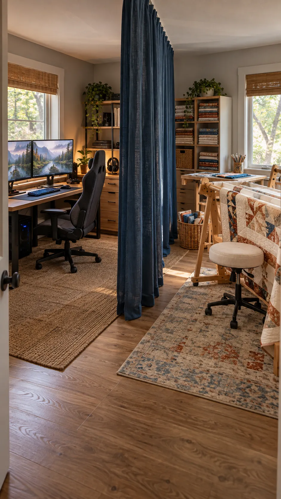 Use Curtains as a Soft Divider in a shared hobby room for two