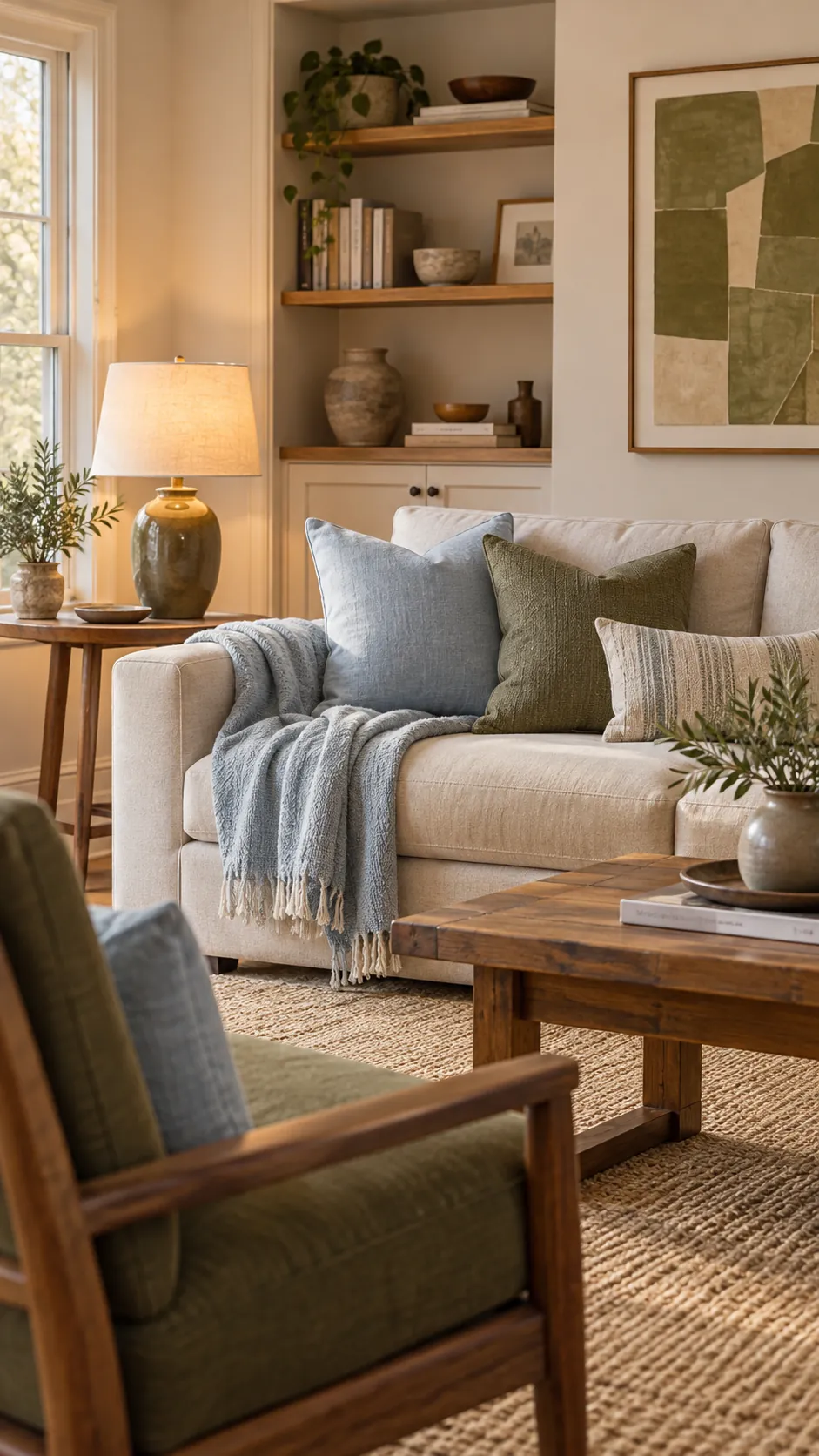Warm living room combining icy blue with muted olive