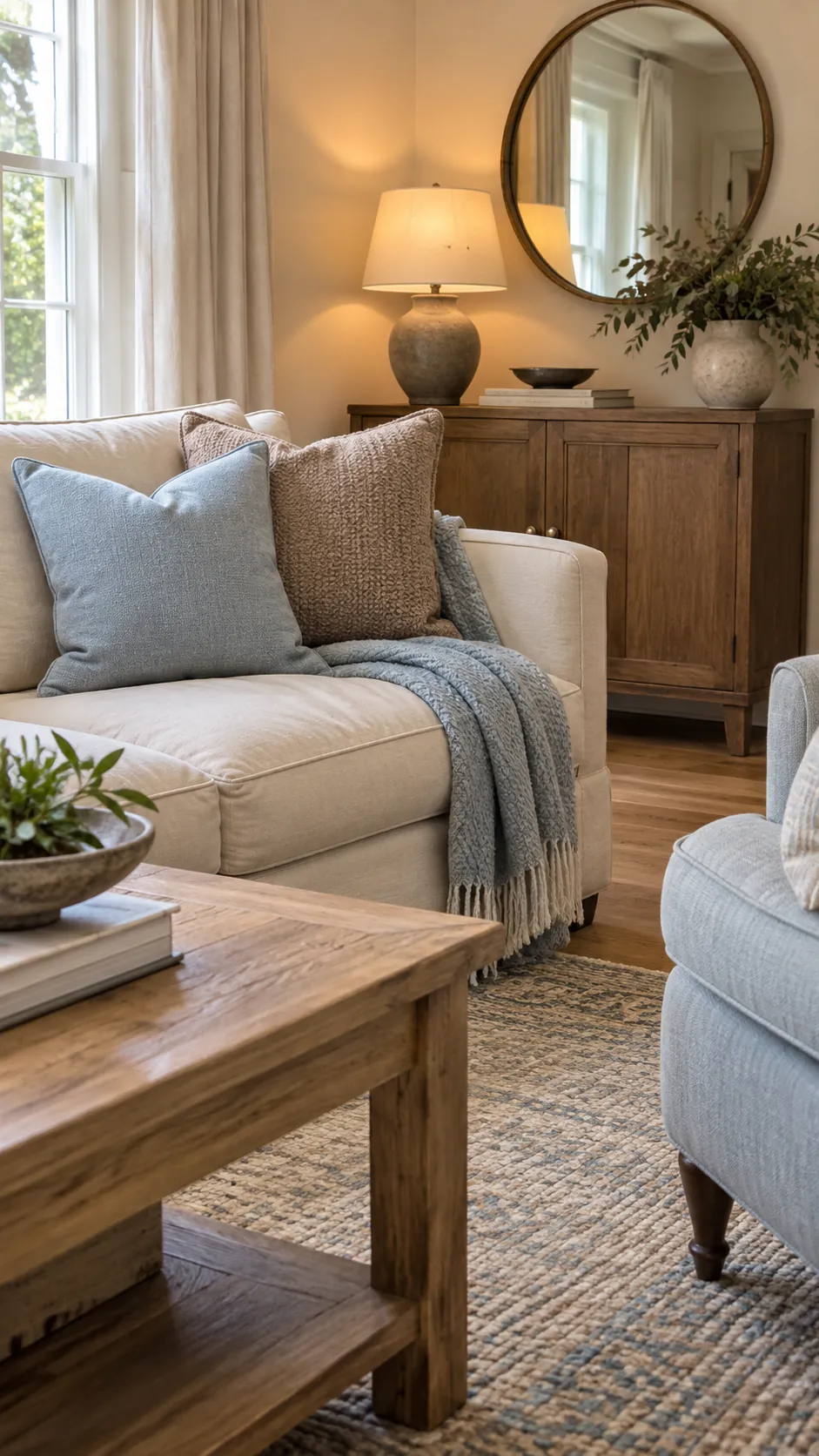 Warm living room combining icy blue with mushroom taupe
