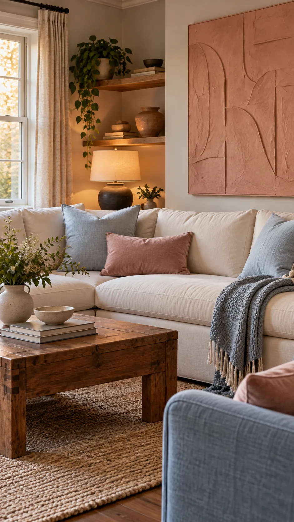Warm living room combining icy blue with dusty blush