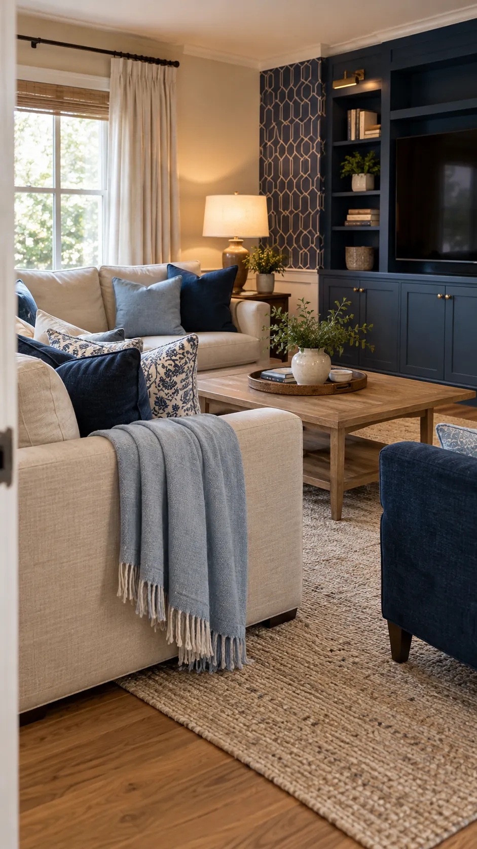Warm living room combining icy blue with deep navy