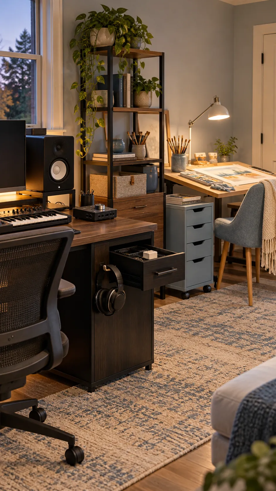 Add Headphone and Charging Storage in a shared hobby room for two