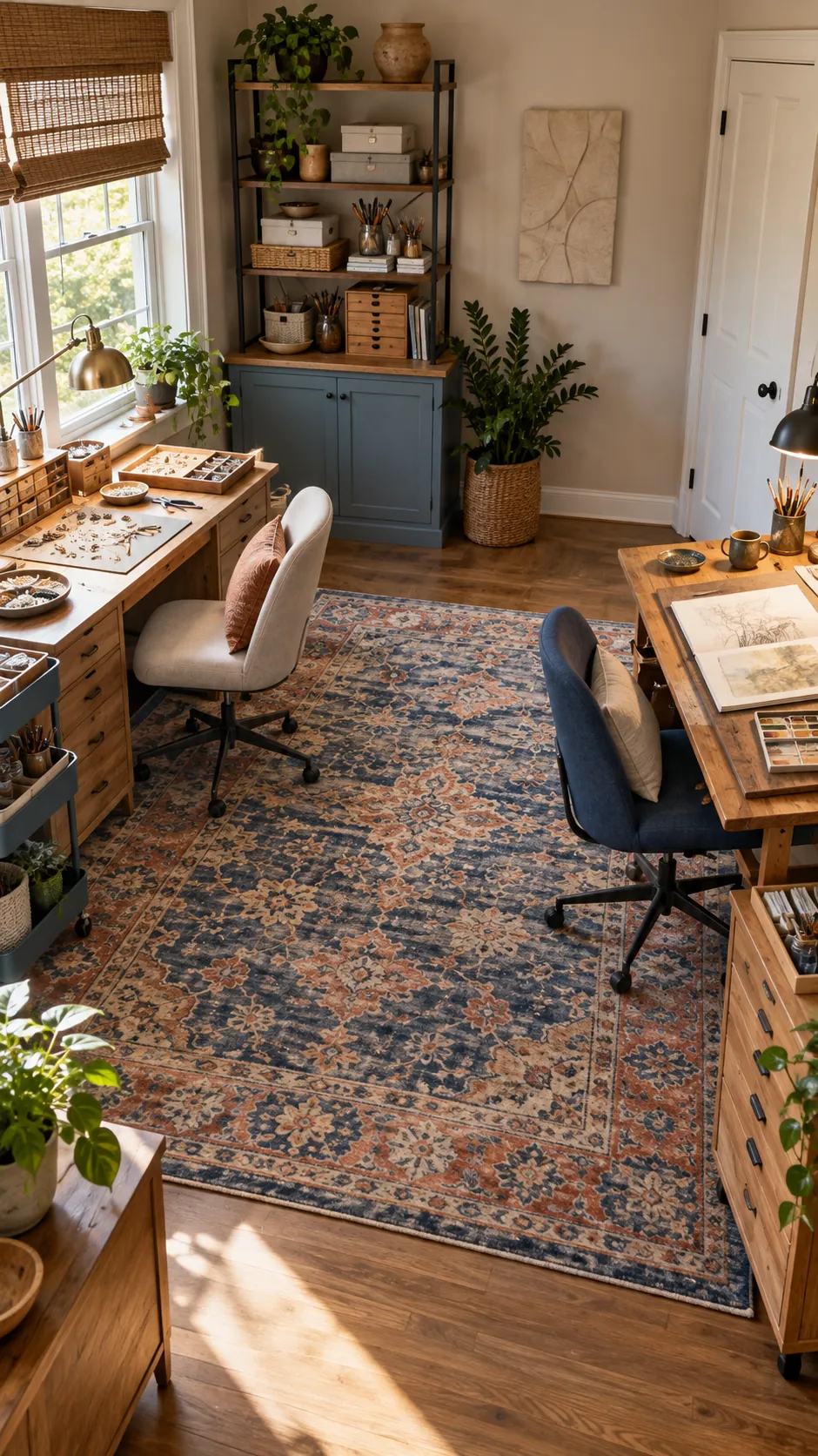 Choose a Rug That Unifies Both Halves in a shared hobby room for two