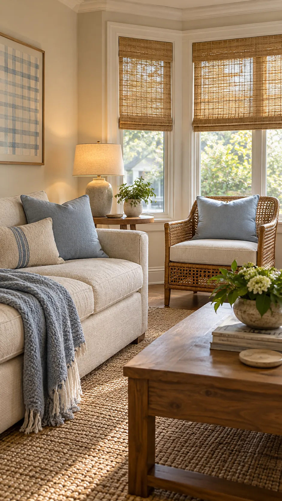 Warm living room combining icy blue with natural cane