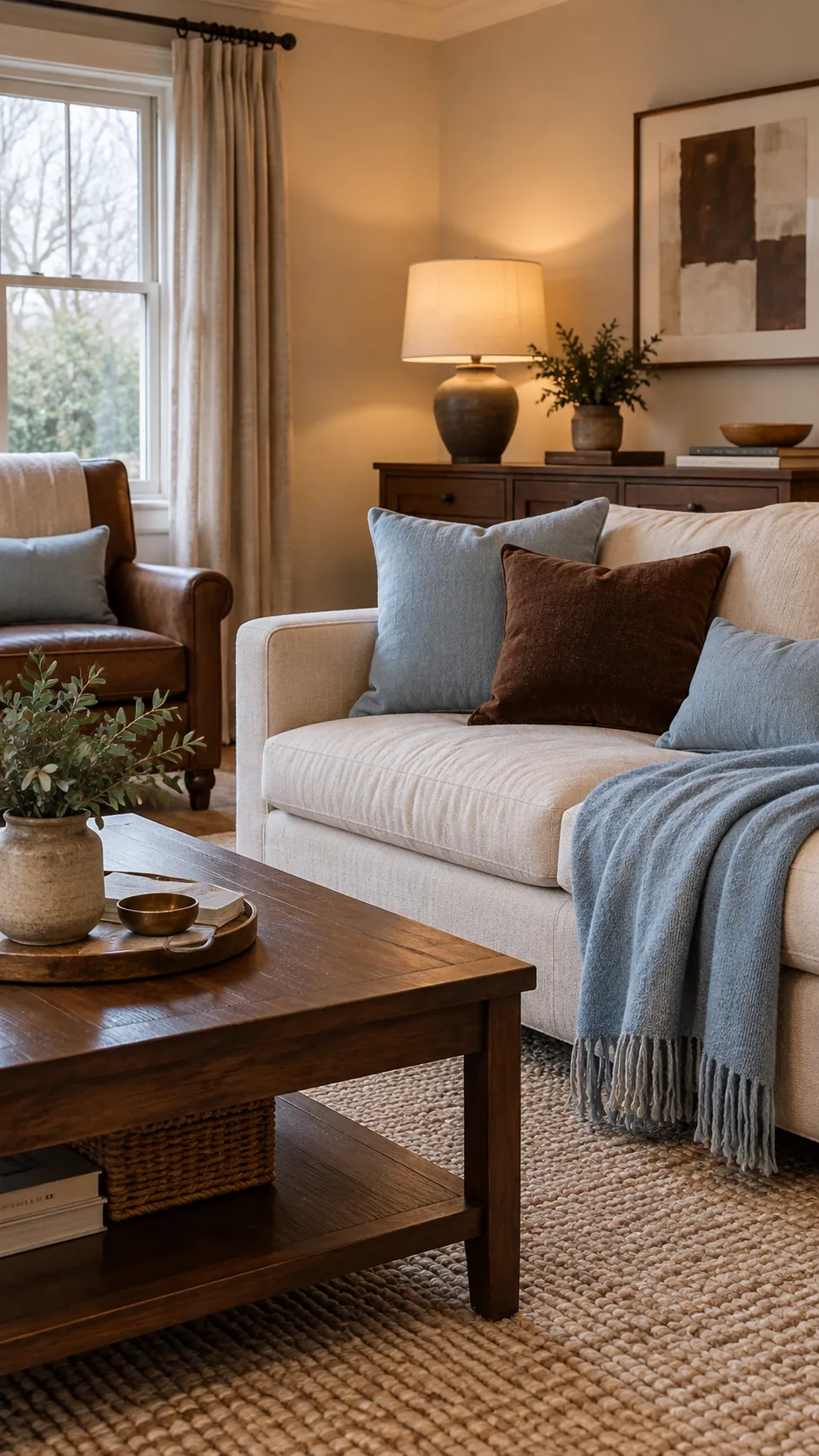 Warm living room combining icy blue with chocolate brown